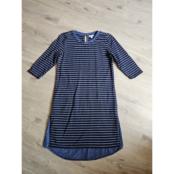 J Jill Women’s Size XS Dress Mixed Media Denim Shirttail Blue Striped W/Pockets - Picture 2 of 9